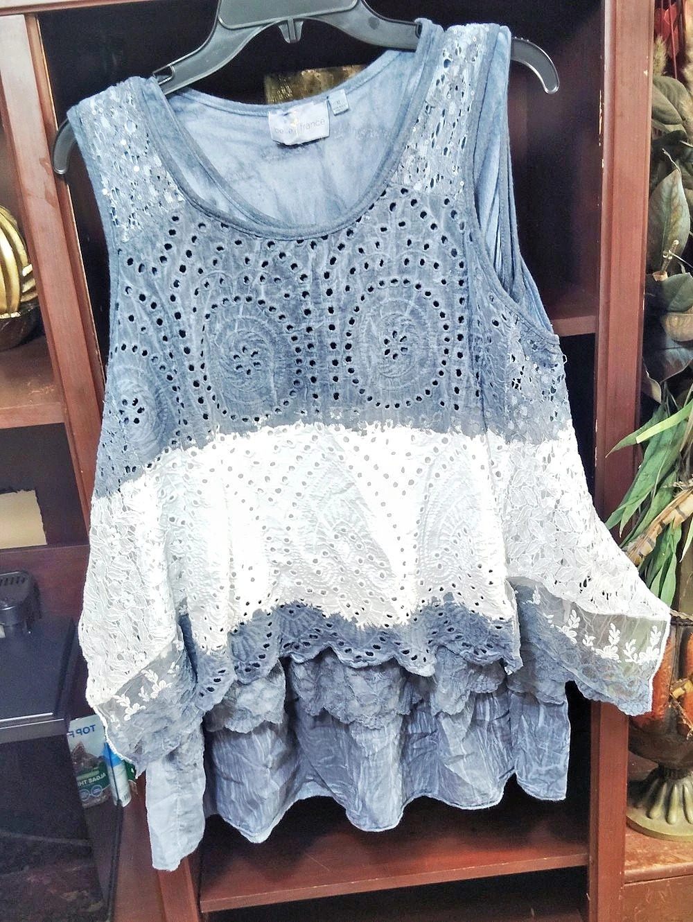 Belle France Blue & White Eyelet Tunic Top XL Like New